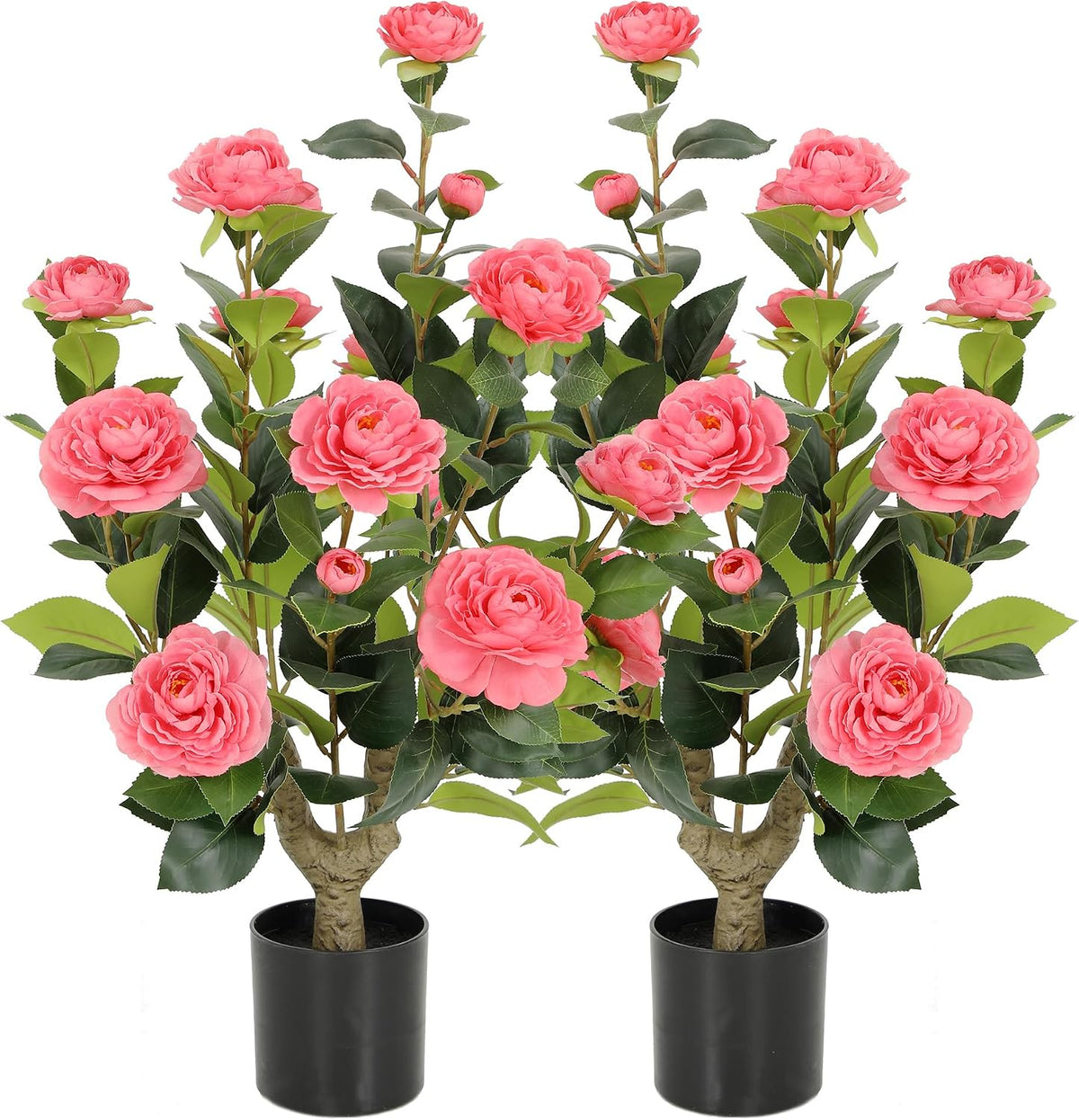 5ft Artificial Camellia Tree with Silk Orange Flowers, 60in Faux Camellia Plant with Lifelike Trunk, Fake Flower Tree Potted Front Door Plants for Porch Patio Deck Living Room Decor, 2Pack