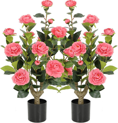 5ft Artificial Camellia Tree with Silk Orange Flowers, 60in Faux Camellia Plant with Lifelike Trunk, Fake Flower Tree Potted Front Door Plants for Porch Patio Deck Living Room Decor, 2Pack