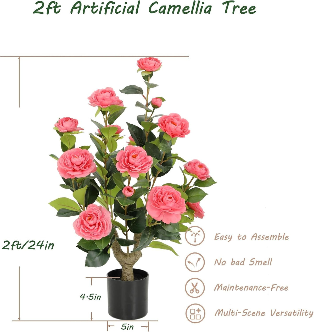 5ft Artificial Camellia Tree with Silk Orange Flowers, 60in Faux Camellia Plant with Lifelike Trunk, Fake Flower Tree Potted Front Door Plants for Porch Patio Deck Living Room Decor, 2Pack