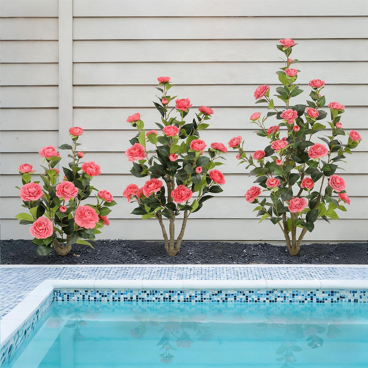 5ft Artificial Camellia Tree with Silk Orange Flowers, 60in Faux Camellia Plant with Lifelike Trunk, Fake Flower Tree Potted Front Door Plants for Porch Patio Deck Living Room Decor, 2Pack