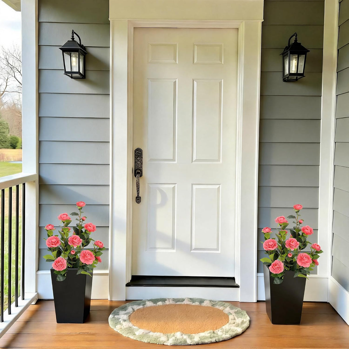 5ft Artificial Camellia Tree with Silk Orange Flowers, 60in Faux Camellia Plant with Lifelike Trunk, Fake Flower Tree Potted Front Door Plants for Porch Patio Deck Living Room Decor, 2Pack