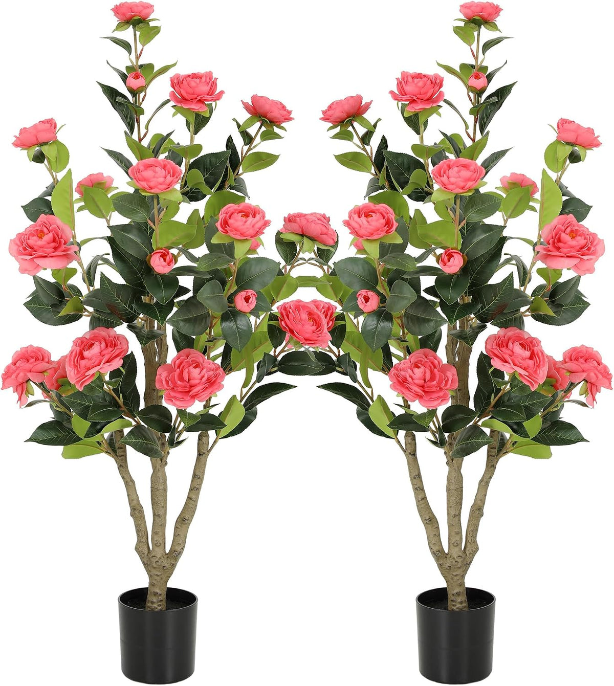 5ft Artificial Camellia Tree with Silk Orange Flowers, 60in Faux Camellia Plant with Lifelike Trunk, Fake Flower Tree Potted Front Door Plants for Porch Patio Deck Living Room Decor, 2Pack