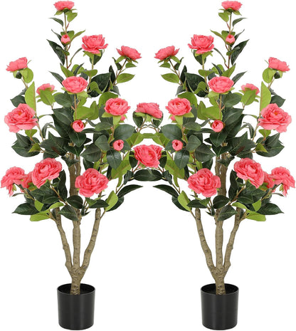 5ft Artificial Camellia Tree with Silk Orange Flowers, 60in Faux Camellia Plant with Lifelike Trunk, Fake Flower Tree Potted Front Door Plants for Porch Patio Deck Living Room Decor, 2Pack