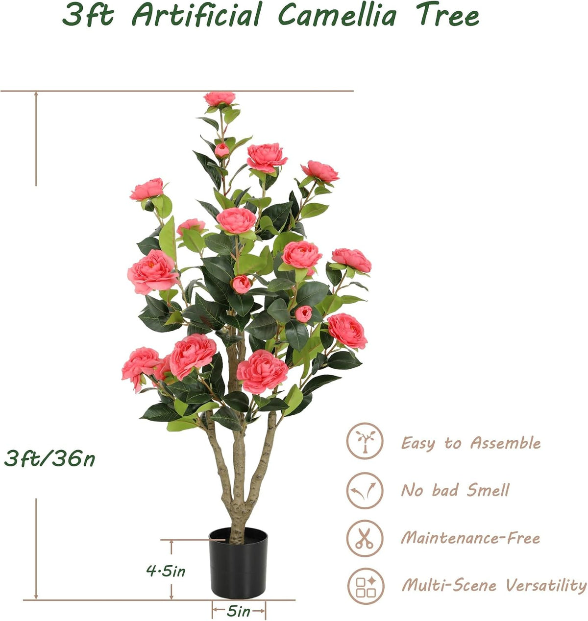 5ft Artificial Camellia Tree with Silk Orange Flowers, 60in Faux Camellia Plant with Lifelike Trunk, Fake Flower Tree Potted Front Door Plants for Porch Patio Deck Living Room Decor, 2Pack