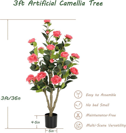 5ft Artificial Camellia Tree with Silk Orange Flowers, 60in Faux Camellia Plant with Lifelike Trunk, Fake Flower Tree Potted Front Door Plants for Porch Patio Deck Living Room Decor, 2Pack