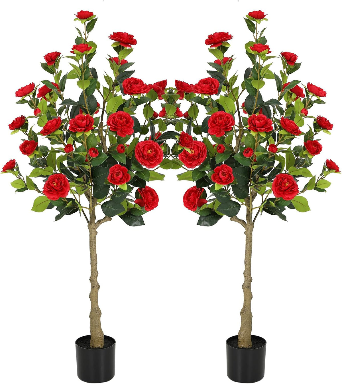 5ft Artificial Camellia Tree with Silk Orange Flowers, 60in Faux Camellia Plant with Lifelike Trunk, Fake Flower Tree Potted Front Door Plants for Porch Patio Deck Living Room Decor, 2Pack