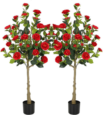 5ft Artificial Camellia Tree with Silk Orange Flowers, 60in Faux Camellia Plant with Lifelike Trunk, Fake Flower Tree Potted Front Door Plants for Porch Patio Deck Living Room Decor, 2Pack