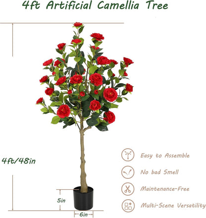 5ft Artificial Camellia Tree with Silk Orange Flowers, 60in Faux Camellia Plant with Lifelike Trunk, Fake Flower Tree Potted Front Door Plants for Porch Patio Deck Living Room Decor, 2Pack