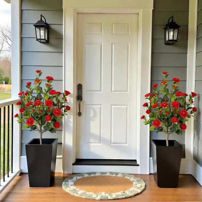5ft Artificial Camellia Tree with Silk Orange Flowers, 60in Faux Camellia Plant with Lifelike Trunk, Fake Flower Tree Potted Front Door Plants for Porch Patio Deck Living Room Decor, 2Pack