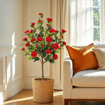 5ft Artificial Camellia Tree with Silk Orange Flowers, 60in Faux Camellia Plant with Lifelike Trunk, Fake Flower Tree Potted Front Door Plants for Porch Patio Deck Living Room Decor, 2Pack