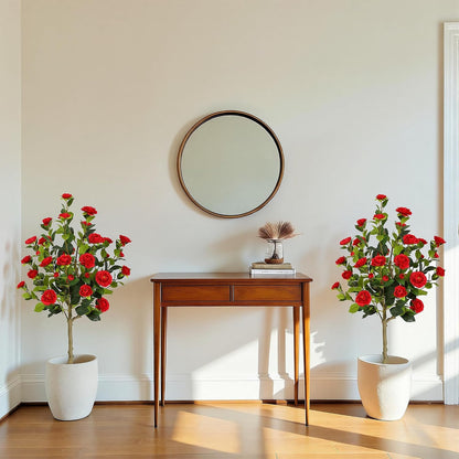 5ft Artificial Camellia Tree with Silk Orange Flowers, 60in Faux Camellia Plant with Lifelike Trunk, Fake Flower Tree Potted Front Door Plants for Porch Patio Deck Living Room Decor, 2Pack
