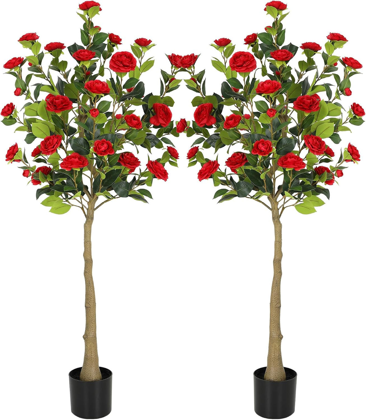 5ft Artificial Camellia Tree with Silk Orange Flowers, 60in Faux Camellia Plant with Lifelike Trunk, Fake Flower Tree Potted Front Door Plants for Porch Patio Deck Living Room Decor, 2Pack