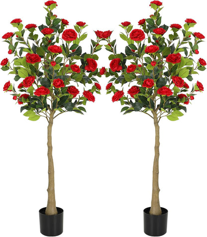 5ft Artificial Camellia Tree with Silk Orange Flowers, 60in Faux Camellia Plant with Lifelike Trunk, Fake Flower Tree Potted Front Door Plants for Porch Patio Deck Living Room Decor, 2Pack