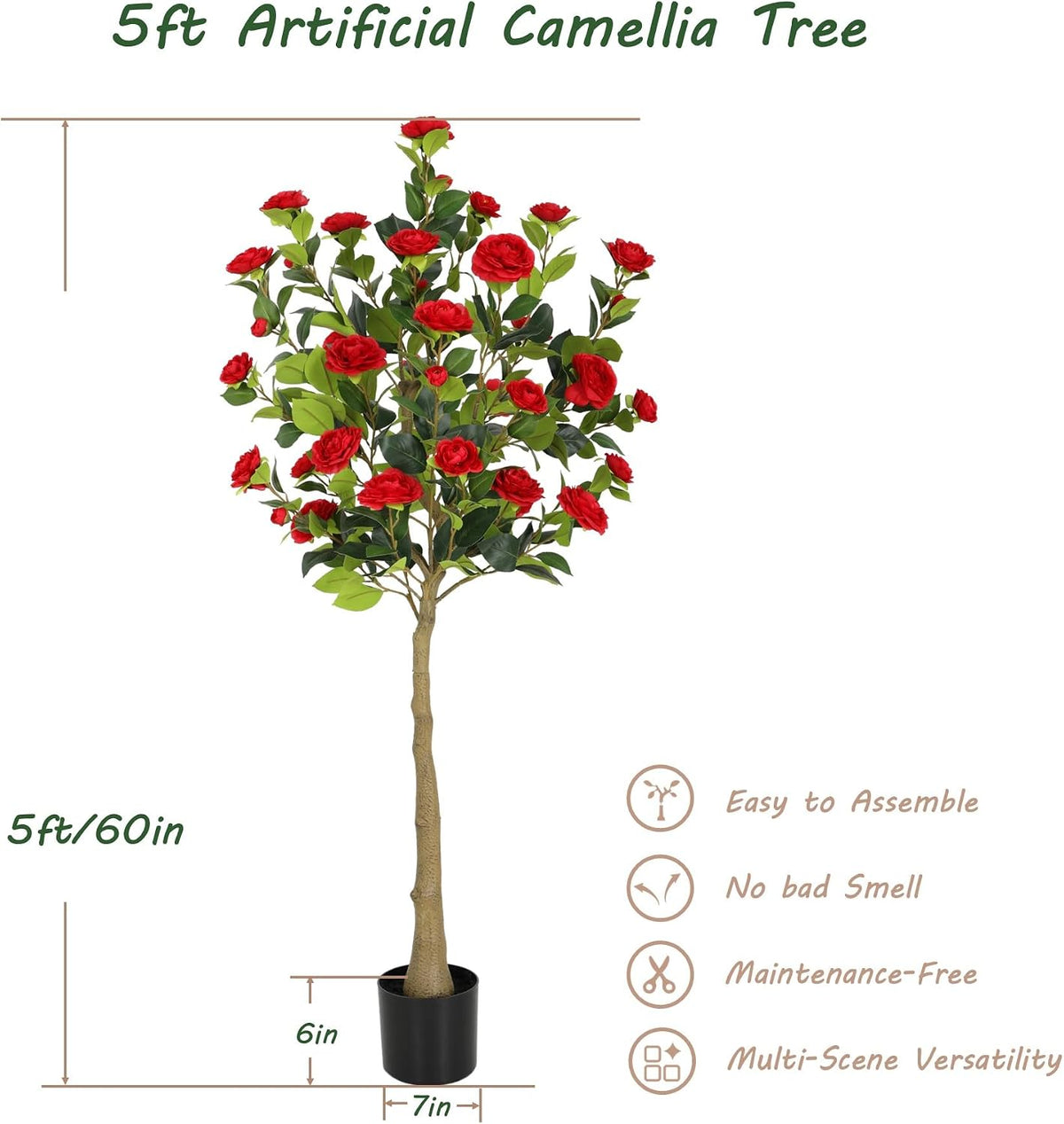 5ft Artificial Camellia Tree with Silk Orange Flowers, 60in Faux Camellia Plant with Lifelike Trunk, Fake Flower Tree Potted Front Door Plants for Porch Patio Deck Living Room Decor, 2Pack