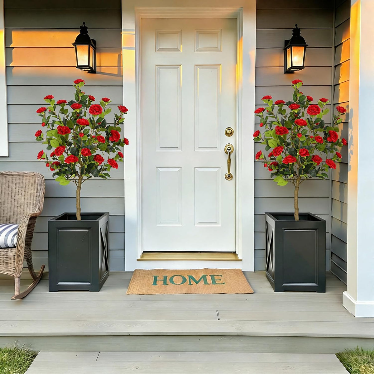 5ft Artificial Camellia Tree with Silk Orange Flowers, 60in Faux Camellia Plant with Lifelike Trunk, Fake Flower Tree Potted Front Door Plants for Porch Patio Deck Living Room Decor, 2Pack