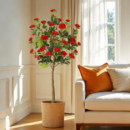 5ft Artificial Camellia Tree with Silk Orange Flowers, 60in Faux Camellia Plant with Lifelike Trunk, Fake Flower Tree Potted Front Door Plants for Porch Patio Deck Living Room Decor, 2Pack