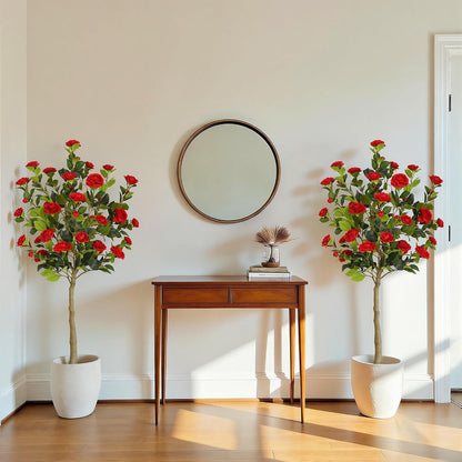 5ft Artificial Camellia Tree with Silk Orange Flowers, 60in Faux Camellia Plant with Lifelike Trunk, Fake Flower Tree Potted Front Door Plants for Porch Patio Deck Living Room Decor, 2Pack