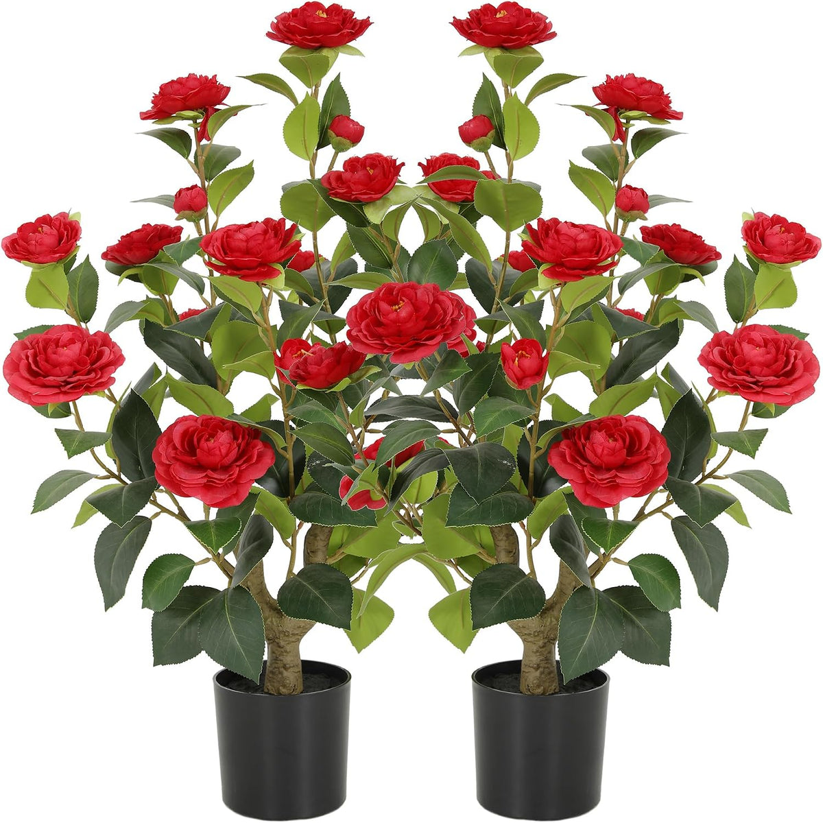 5ft Artificial Camellia Tree with Silk Orange Flowers, 60in Faux Camellia Plant with Lifelike Trunk, Fake Flower Tree Potted Front Door Plants for Porch Patio Deck Living Room Decor, 2Pack