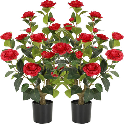5ft Artificial Camellia Tree with Silk Orange Flowers, 60in Faux Camellia Plant with Lifelike Trunk, Fake Flower Tree Potted Front Door Plants for Porch Patio Deck Living Room Decor, 2Pack