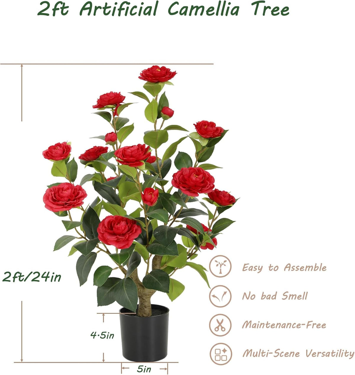 5ft Artificial Camellia Tree with Silk Orange Flowers, 60in Faux Camellia Plant with Lifelike Trunk, Fake Flower Tree Potted Front Door Plants for Porch Patio Deck Living Room Decor, 2Pack