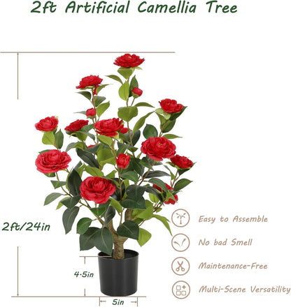 5ft Artificial Camellia Tree with Silk Orange Flowers, 60in Faux Camellia Plant with Lifelike Trunk, Fake Flower Tree Potted Front Door Plants for Porch Patio Deck Living Room Decor, 2Pack