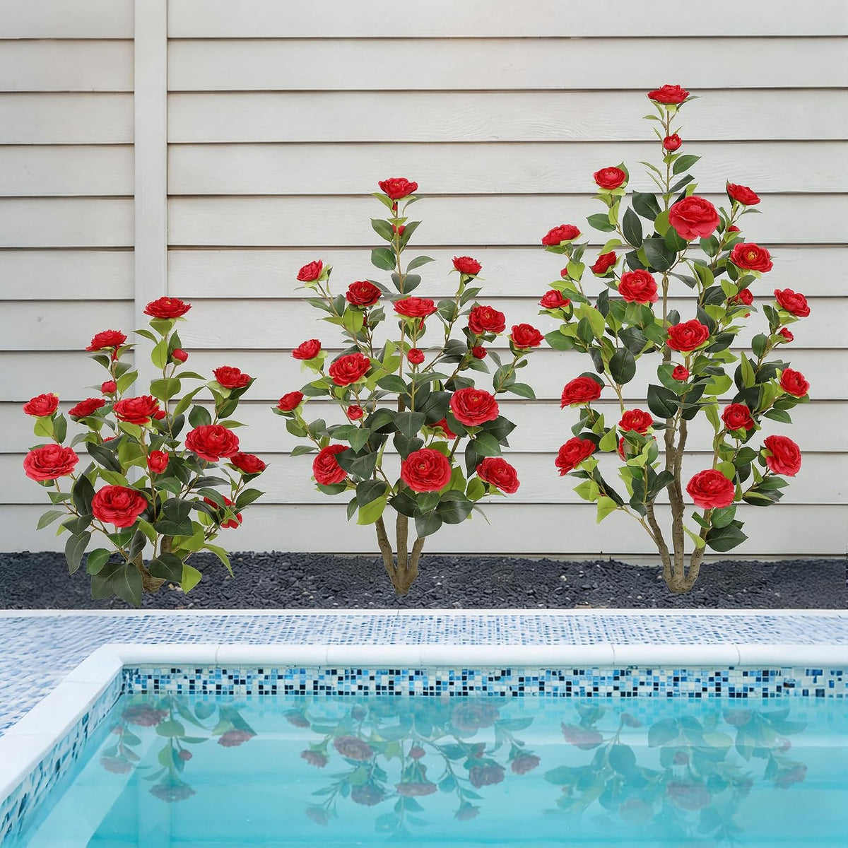 5ft Artificial Camellia Tree with Silk Orange Flowers, 60in Faux Camellia Plant with Lifelike Trunk, Fake Flower Tree Potted Front Door Plants for Porch Patio Deck Living Room Decor, 2Pack