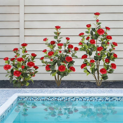 5ft Artificial Camellia Tree with Silk Orange Flowers, 60in Faux Camellia Plant with Lifelike Trunk, Fake Flower Tree Potted Front Door Plants for Porch Patio Deck Living Room Decor, 2Pack