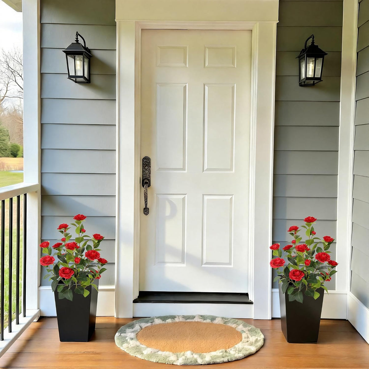 5ft Artificial Camellia Tree with Silk Orange Flowers, 60in Faux Camellia Plant with Lifelike Trunk, Fake Flower Tree Potted Front Door Plants for Porch Patio Deck Living Room Decor, 2Pack