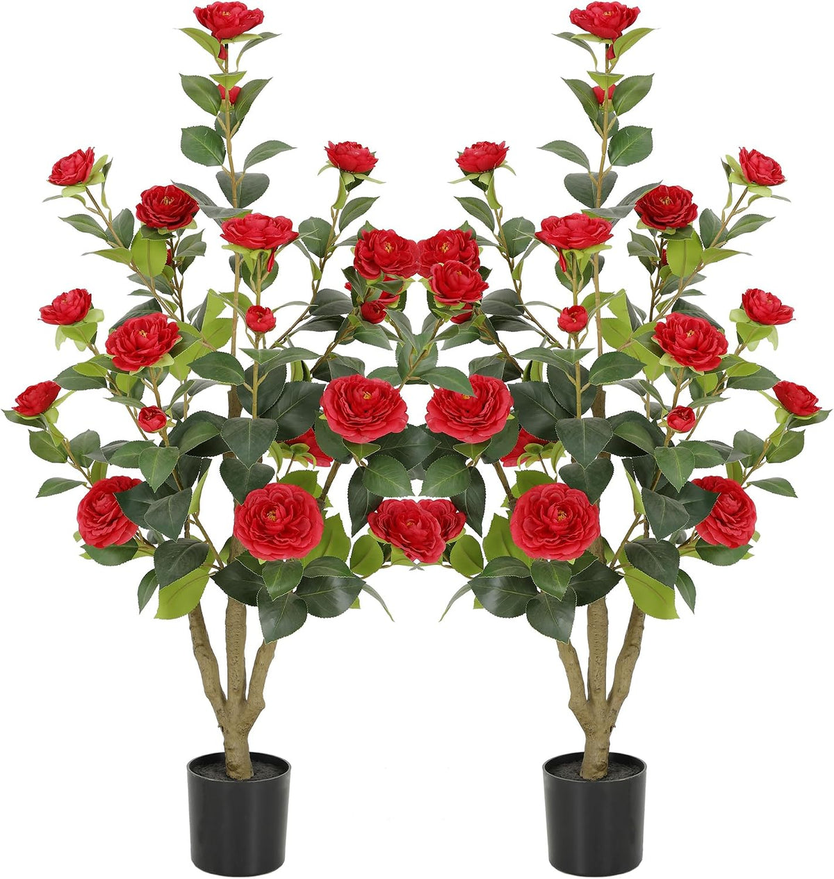 5ft Artificial Camellia Tree with Silk Orange Flowers, 60in Faux Camellia Plant with Lifelike Trunk, Fake Flower Tree Potted Front Door Plants for Porch Patio Deck Living Room Decor, 2Pack