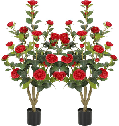 5ft Artificial Camellia Tree with Silk Orange Flowers, 60in Faux Camellia Plant with Lifelike Trunk, Fake Flower Tree Potted Front Door Plants for Porch Patio Deck Living Room Decor, 2Pack