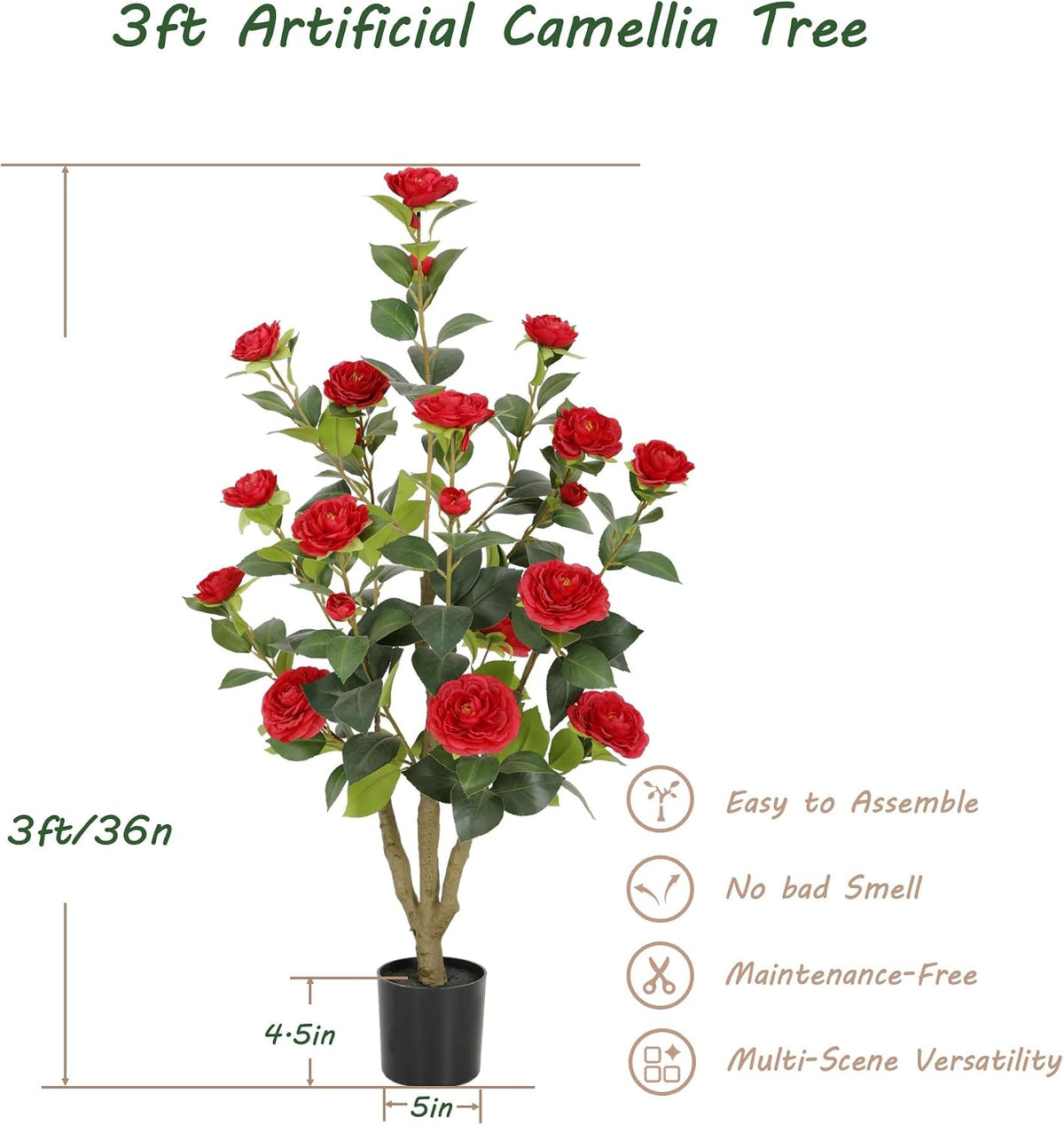 5ft Artificial Camellia Tree with Silk Orange Flowers, 60in Faux Camellia Plant with Lifelike Trunk, Fake Flower Tree Potted Front Door Plants for Porch Patio Deck Living Room Decor, 2Pack