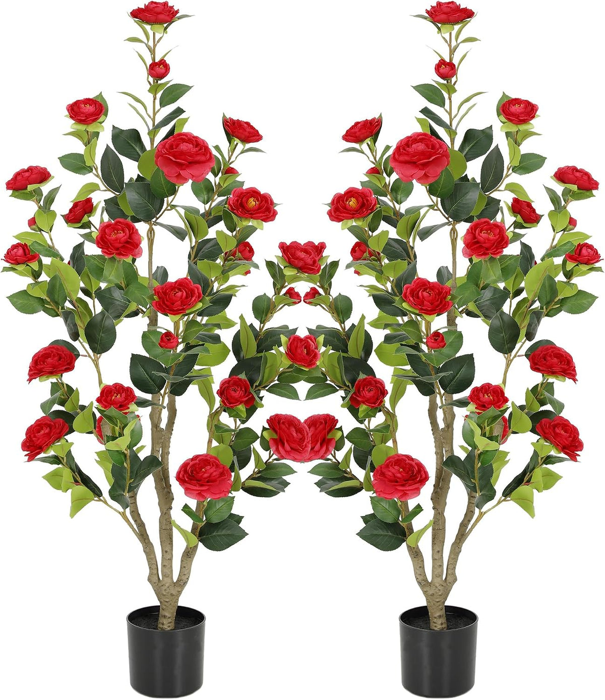5ft Artificial Camellia Tree with Silk Orange Flowers, 60in Faux Camellia Plant with Lifelike Trunk, Fake Flower Tree Potted Front Door Plants for Porch Patio Deck Living Room Decor, 2Pack
