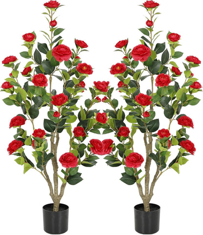 5ft Artificial Camellia Tree with Silk Orange Flowers, 60in Faux Camellia Plant with Lifelike Trunk, Fake Flower Tree Potted Front Door Plants for Porch Patio Deck Living Room Decor, 2Pack