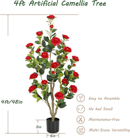 5ft Artificial Camellia Tree with Silk Orange Flowers, 60in Faux Camellia Plant with Lifelike Trunk, Fake Flower Tree Potted Front Door Plants for Porch Patio Deck Living Room Decor, 2Pack