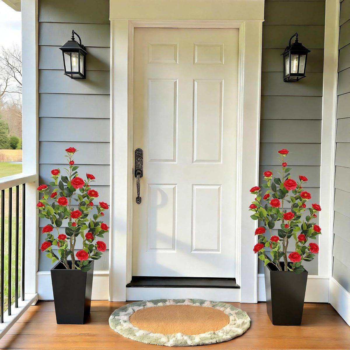 5ft Artificial Camellia Tree with Silk Orange Flowers, 60in Faux Camellia Plant with Lifelike Trunk, Fake Flower Tree Potted Front Door Plants for Porch Patio Deck Living Room Decor, 2Pack