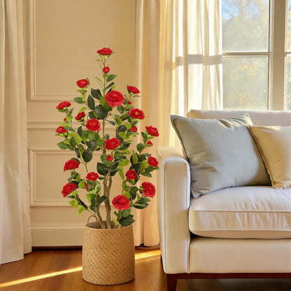5ft Artificial Camellia Tree with Silk Orange Flowers, 60in Faux Camellia Plant with Lifelike Trunk, Fake Flower Tree Potted Front Door Plants for Porch Patio Deck Living Room Decor, 2Pack
