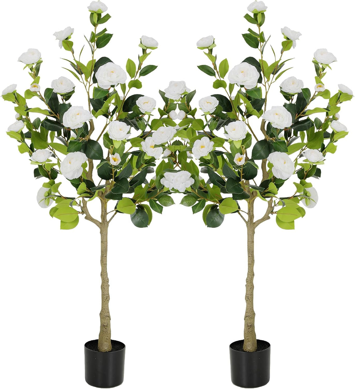 5ft Artificial Camellia Tree with Silk Orange Flowers, 60in Faux Camellia Plant with Lifelike Trunk, Fake Flower Tree Potted Front Door Plants for Porch Patio Deck Living Room Decor, 2Pack