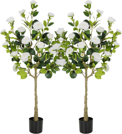 5ft Artificial Camellia Tree with Silk Orange Flowers, 60in Faux Camellia Plant with Lifelike Trunk, Fake Flower Tree Potted Front Door Plants for Porch Patio Deck Living Room Decor, 2Pack