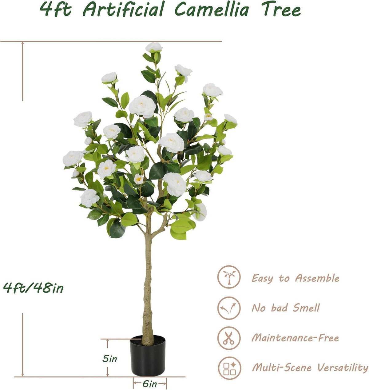 5ft Artificial Camellia Tree with Silk Orange Flowers, 60in Faux Camellia Plant with Lifelike Trunk, Fake Flower Tree Potted Front Door Plants for Porch Patio Deck Living Room Decor, 2Pack