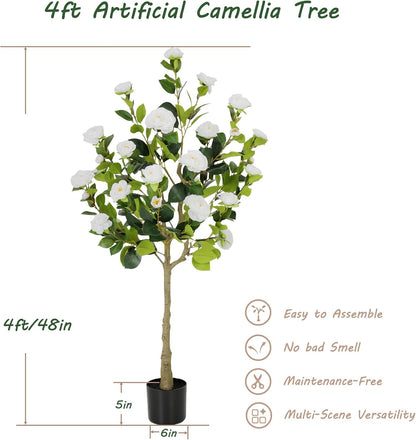 5ft Artificial Camellia Tree with Silk Orange Flowers, 60in Faux Camellia Plant with Lifelike Trunk, Fake Flower Tree Potted Front Door Plants for Porch Patio Deck Living Room Decor, 2Pack