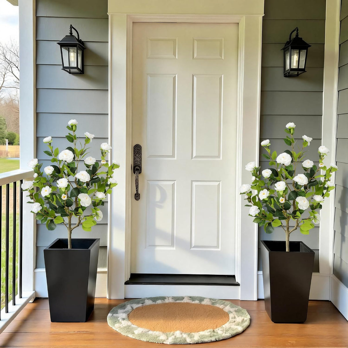 5ft Artificial Camellia Tree with Silk Orange Flowers, 60in Faux Camellia Plant with Lifelike Trunk, Fake Flower Tree Potted Front Door Plants for Porch Patio Deck Living Room Decor, 2Pack