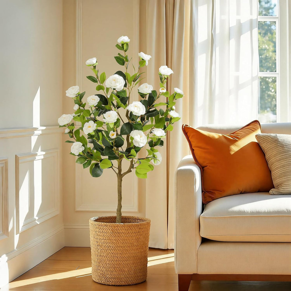 5ft Artificial Camellia Tree with Silk Orange Flowers, 60in Faux Camellia Plant with Lifelike Trunk, Fake Flower Tree Potted Front Door Plants for Porch Patio Deck Living Room Decor, 2Pack