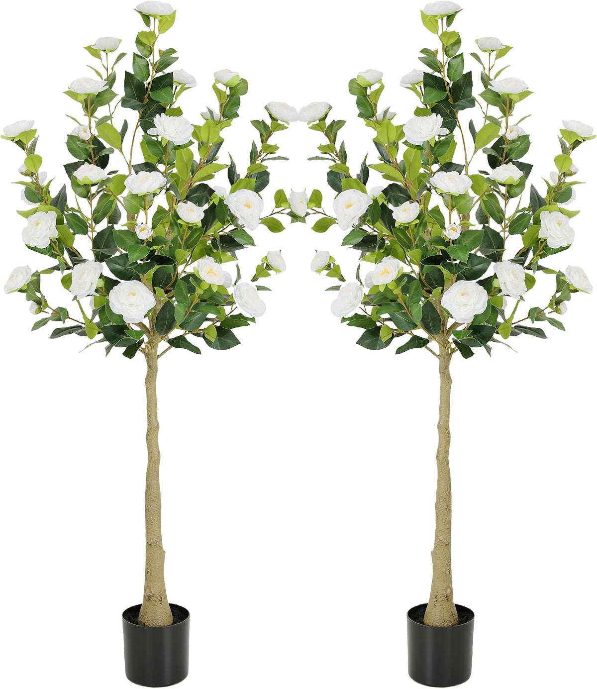 5ft Artificial Camellia Tree with Silk Orange Flowers, 60in Faux Camellia Plant with Lifelike Trunk, Fake Flower Tree Potted Front Door Plants for Porch Patio Deck Living Room Decor, 2Pack