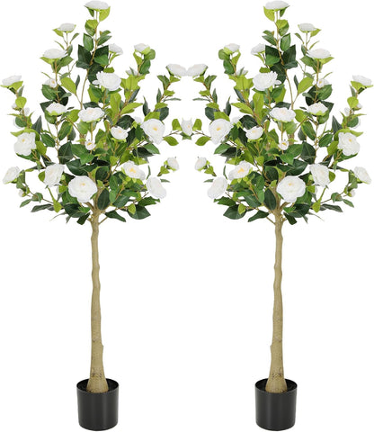 5ft Artificial Camellia Tree with Silk Orange Flowers, 60in Faux Camellia Plant with Lifelike Trunk, Fake Flower Tree Potted Front Door Plants for Porch Patio Deck Living Room Decor, 2Pack