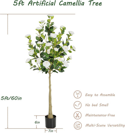 5ft Artificial Camellia Tree with Silk Orange Flowers, 60in Faux Camellia Plant with Lifelike Trunk, Fake Flower Tree Potted Front Door Plants for Porch Patio Deck Living Room Decor, 2Pack