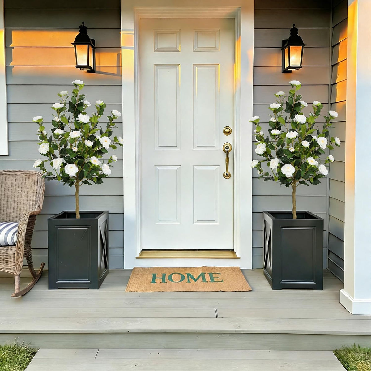 5ft Artificial Camellia Tree with Silk Orange Flowers, 60in Faux Camellia Plant with Lifelike Trunk, Fake Flower Tree Potted Front Door Plants for Porch Patio Deck Living Room Decor, 2Pack