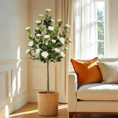 5ft Artificial Camellia Tree with Silk Orange Flowers, 60in Faux Camellia Plant with Lifelike Trunk, Fake Flower Tree Potted Front Door Plants for Porch Patio Deck Living Room Decor, 2Pack