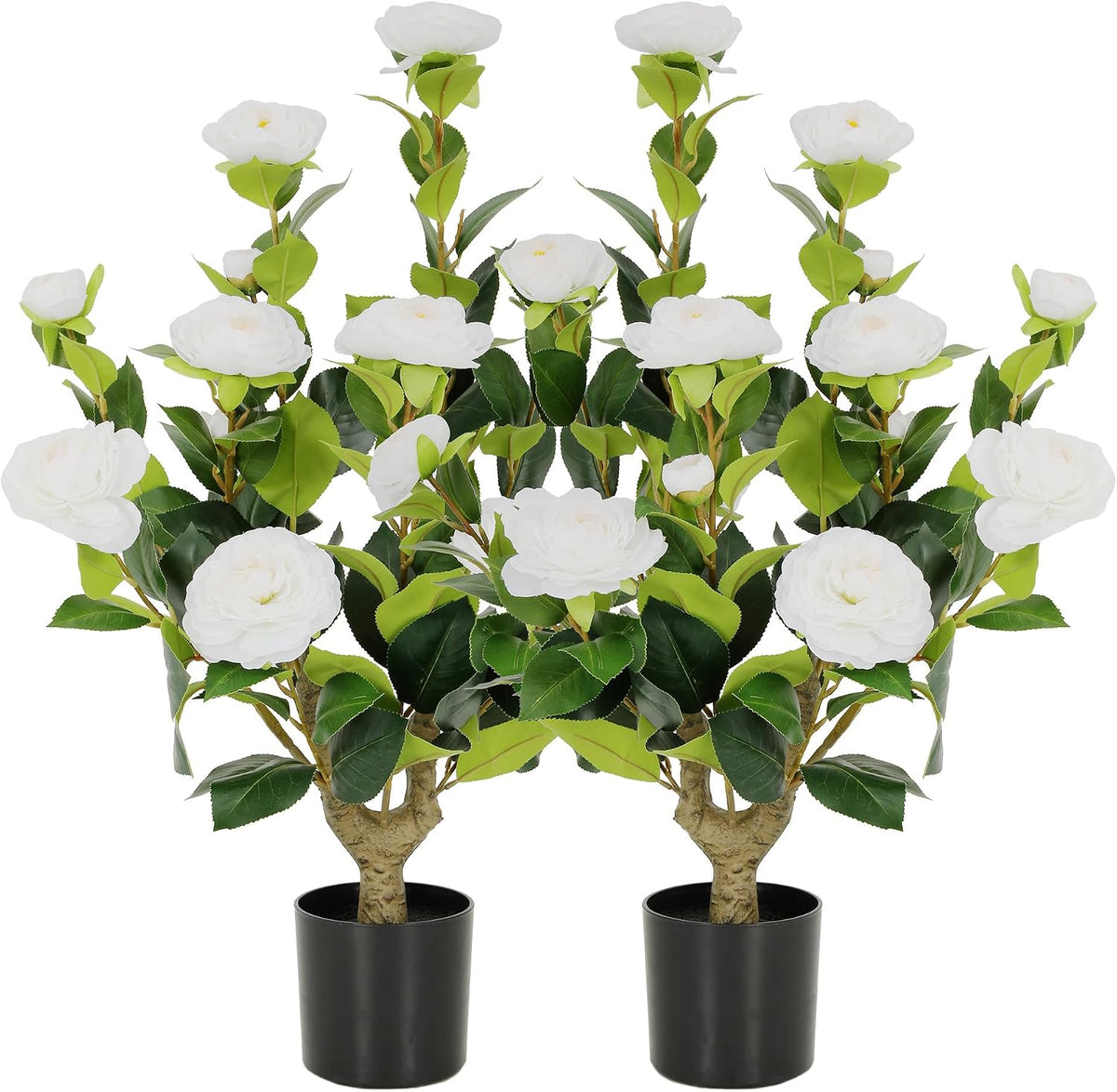 5ft Artificial Camellia Tree with Silk Orange Flowers, 60in Faux Camellia Plant with Lifelike Trunk, Fake Flower Tree Potted Front Door Plants for Porch Patio Deck Living Room Decor, 2Pack