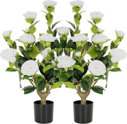 5ft Artificial Camellia Tree with Silk Orange Flowers, 60in Faux Camellia Plant with Lifelike Trunk, Fake Flower Tree Potted Front Door Plants for Porch Patio Deck Living Room Decor, 2Pack