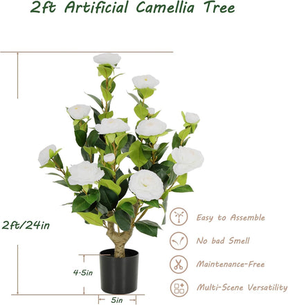 5ft Artificial Camellia Tree with Silk Orange Flowers, 60in Faux Camellia Plant with Lifelike Trunk, Fake Flower Tree Potted Front Door Plants for Porch Patio Deck Living Room Decor, 2Pack